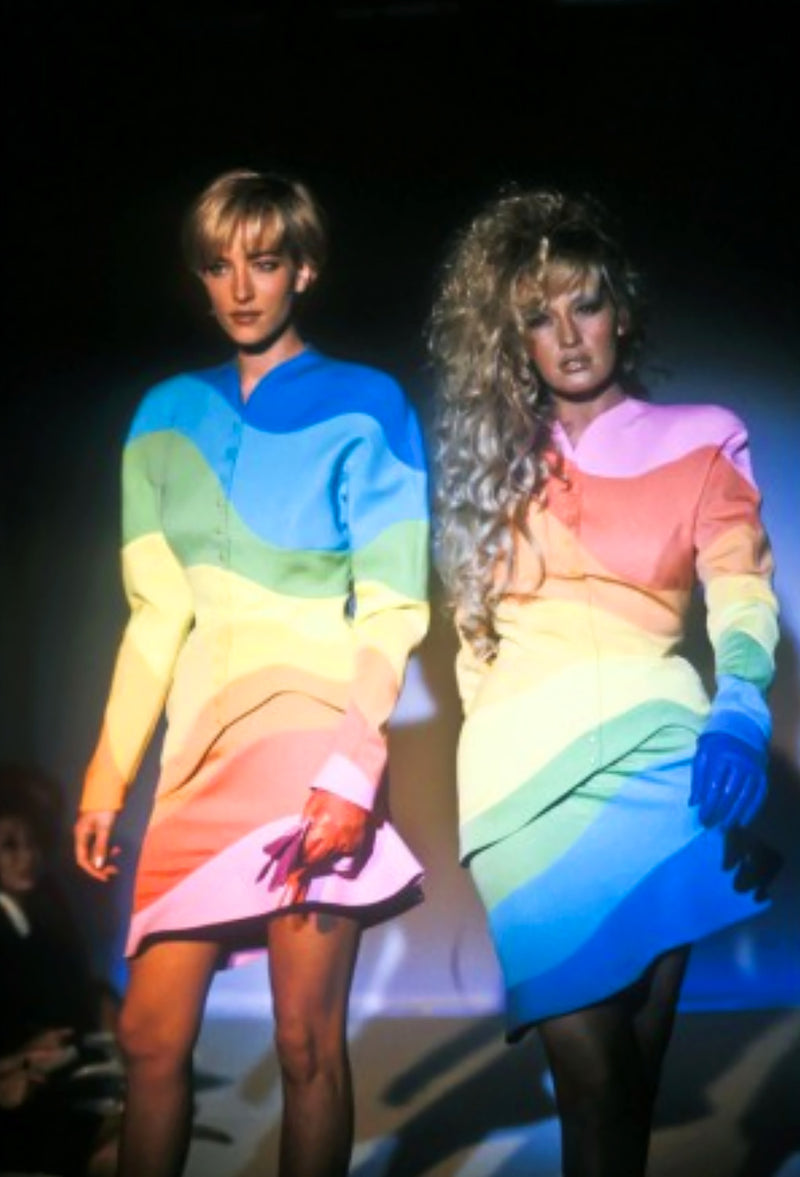 1990 S/S 'Arc En Ciel' Rainbow Jacket & Skirt Suit by Thierry Mugler on models on runway @recessla