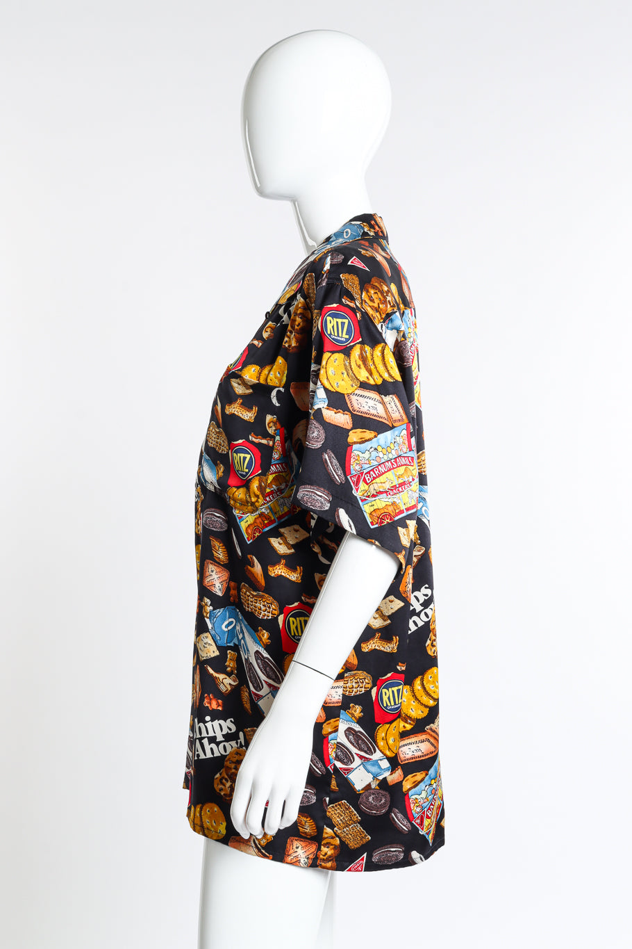 Vintage Nicole Miller Snack Print Silk Button Up side on mannequin @recess la