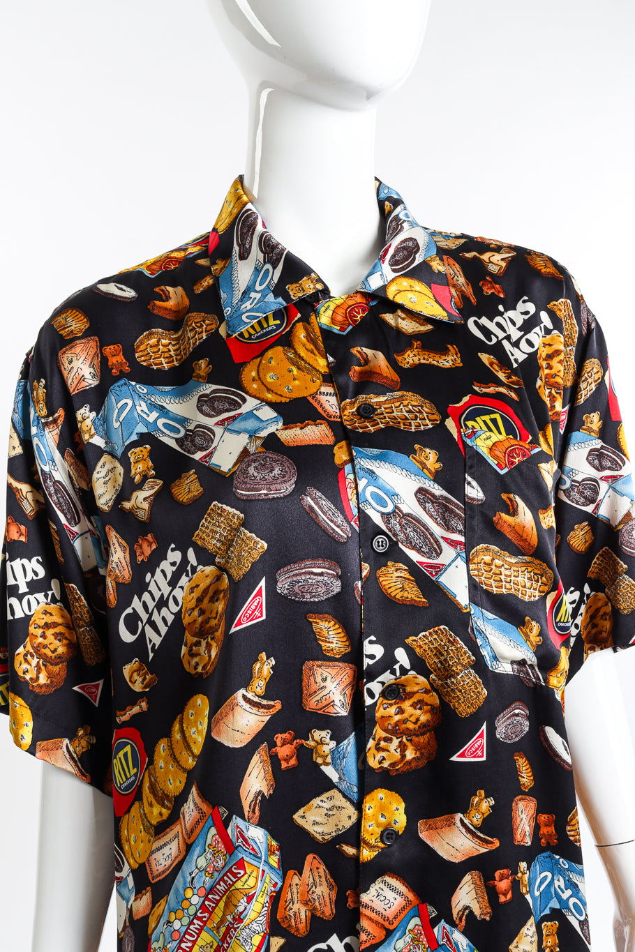 Vintage Nicole Miller Snack Print Silk Button Up front on mannequin closeup @recess la