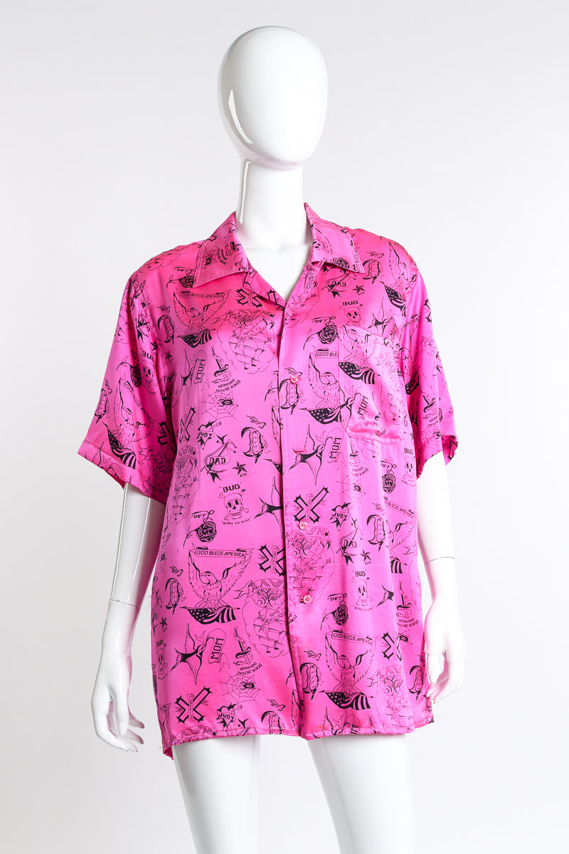 Vintage Nicole Miller Tattoo Print Silk Button Up front on mannequin @recess la