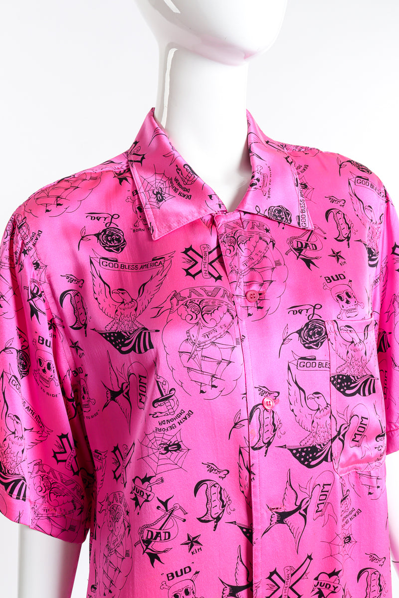 Vintage Nicole Miller Tattoo Print Silk Button Up front on mannequin closeup @recess la