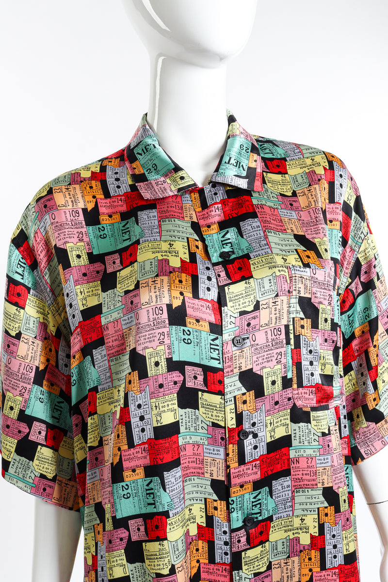 Vintage Nicole Miller Concert Ticket Silk Button Up front on mannequin closeup @recess la