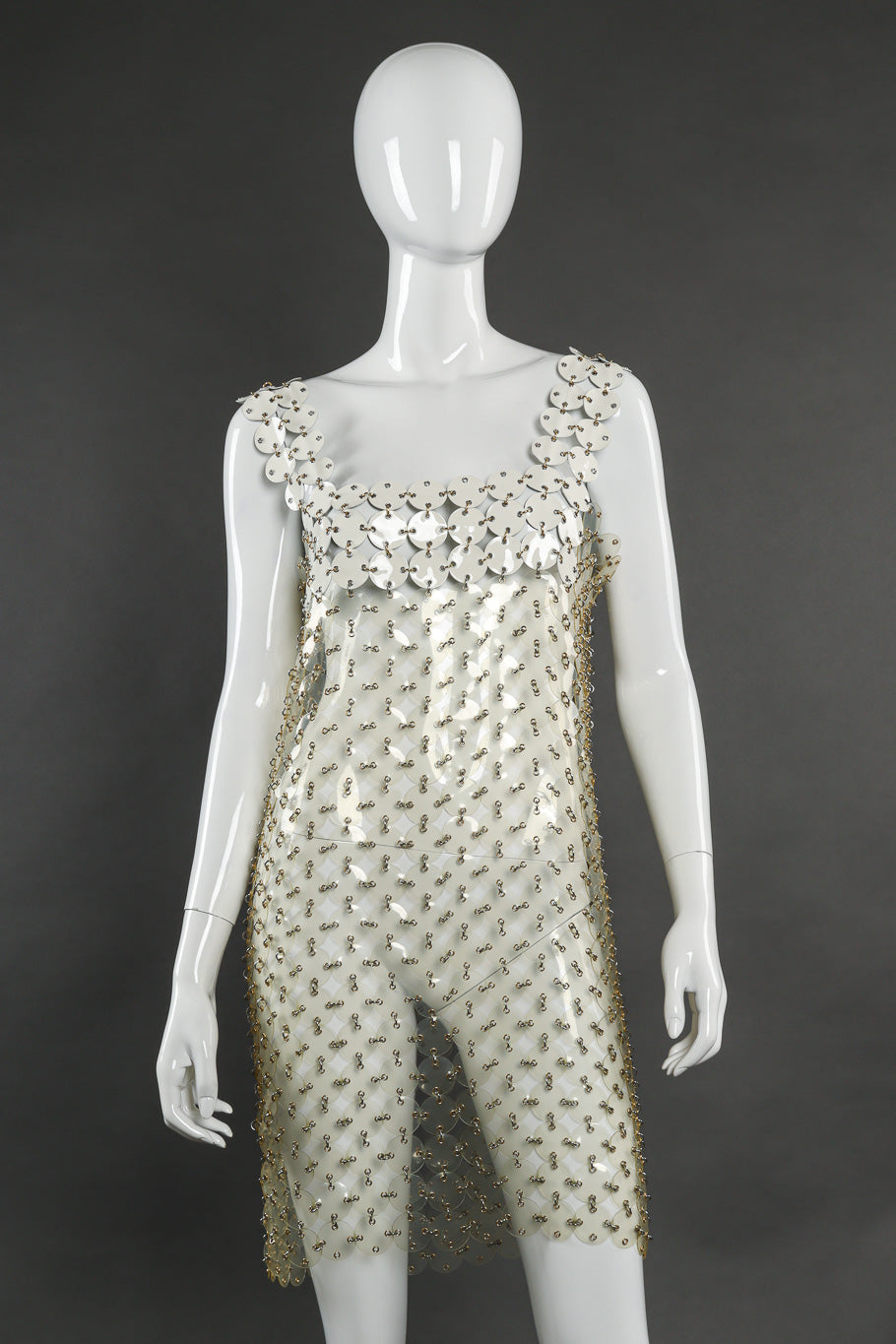 Paco Rabanne Clear Vinyl Disc Dress front view on mannequin on black backdrop @Recessla