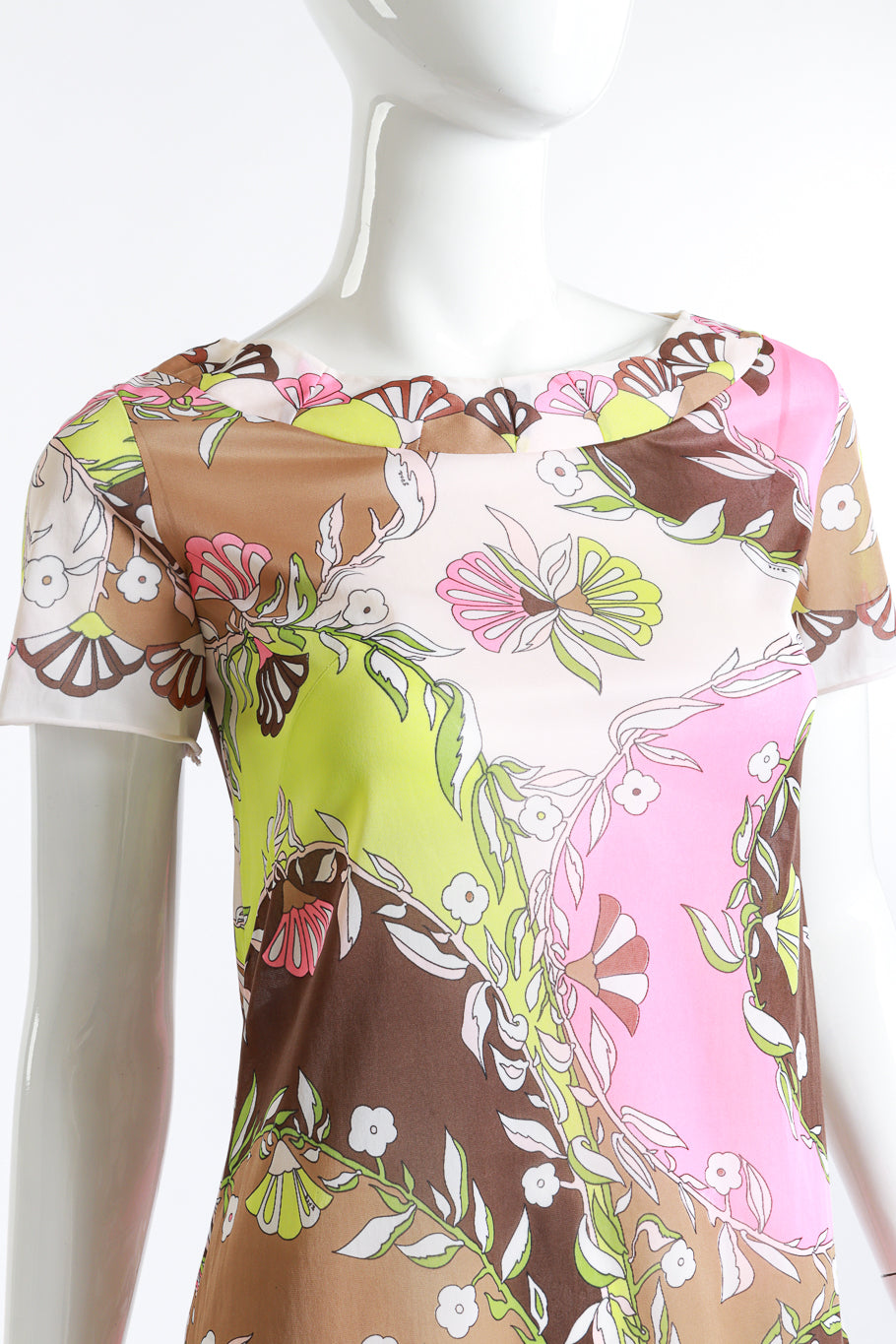 Vintage Emilio Pucci for Formfit Rogers floral fan short sleeve slip dress close up front view detail as worn on mannequin @Recess LA