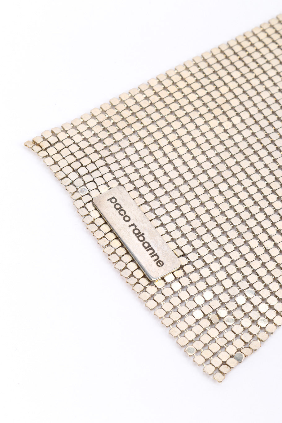 Vintage Paco Rabanne Silver Metal Mesh Necktie signature plaque closeup @recessla