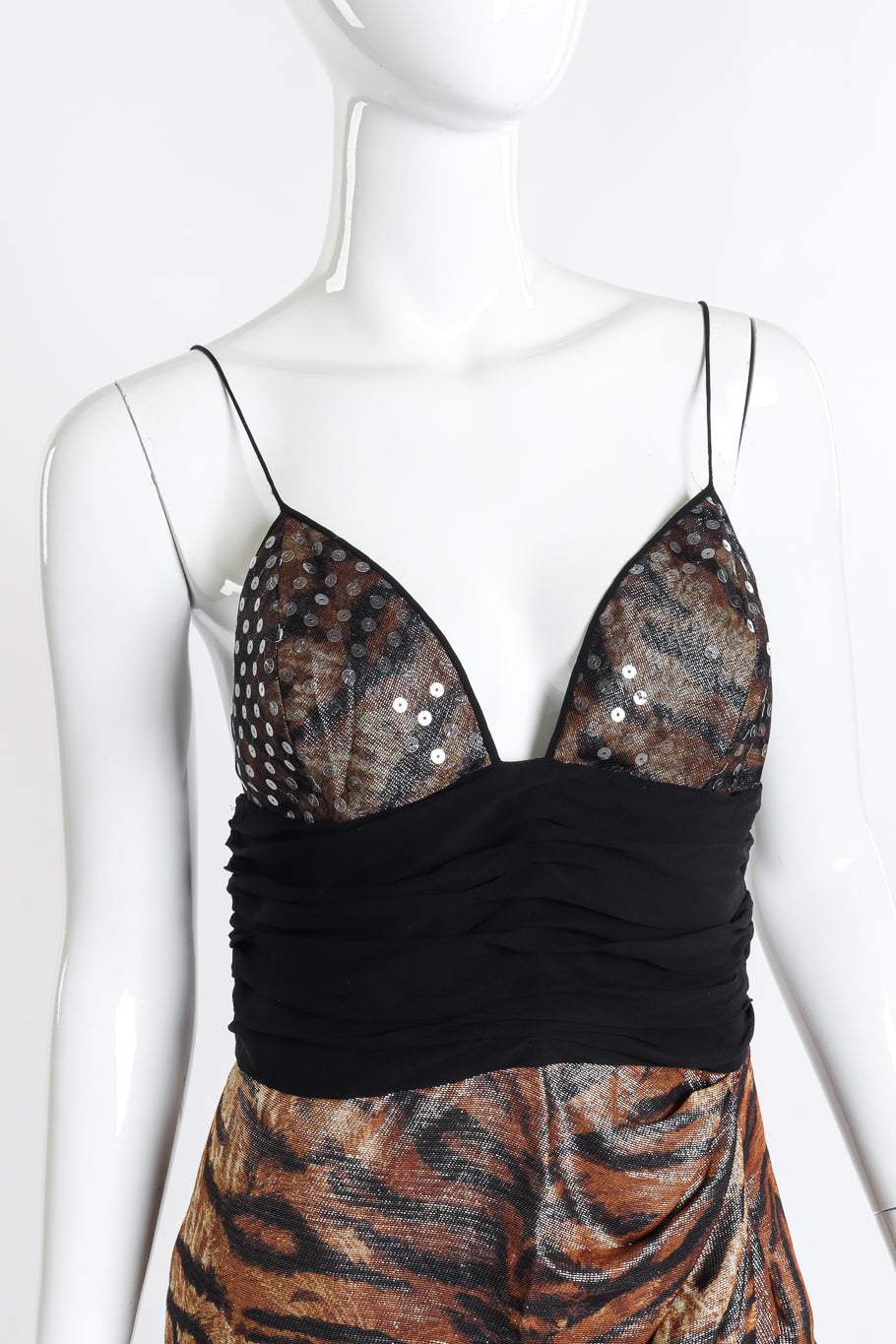 Vintage Pamela Dennis Strappy Metallic Animal Print Dress front on mannequin closeup @recess la