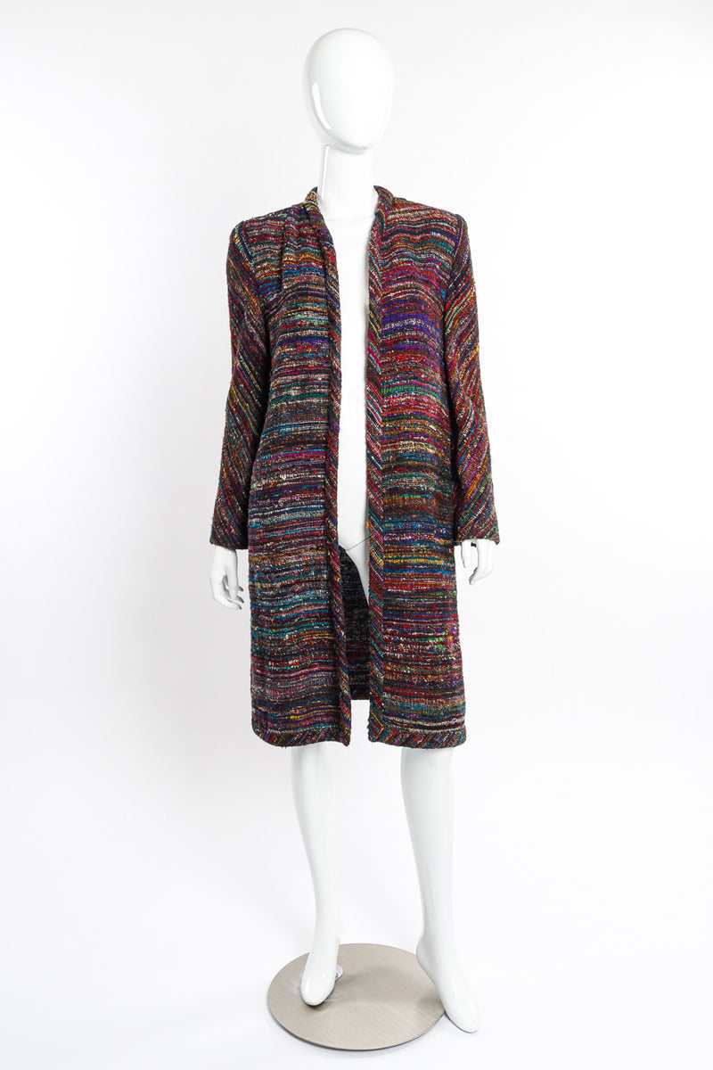 Woven Stripe Duster Coat by Pauline Trigere on mannequin @recessla