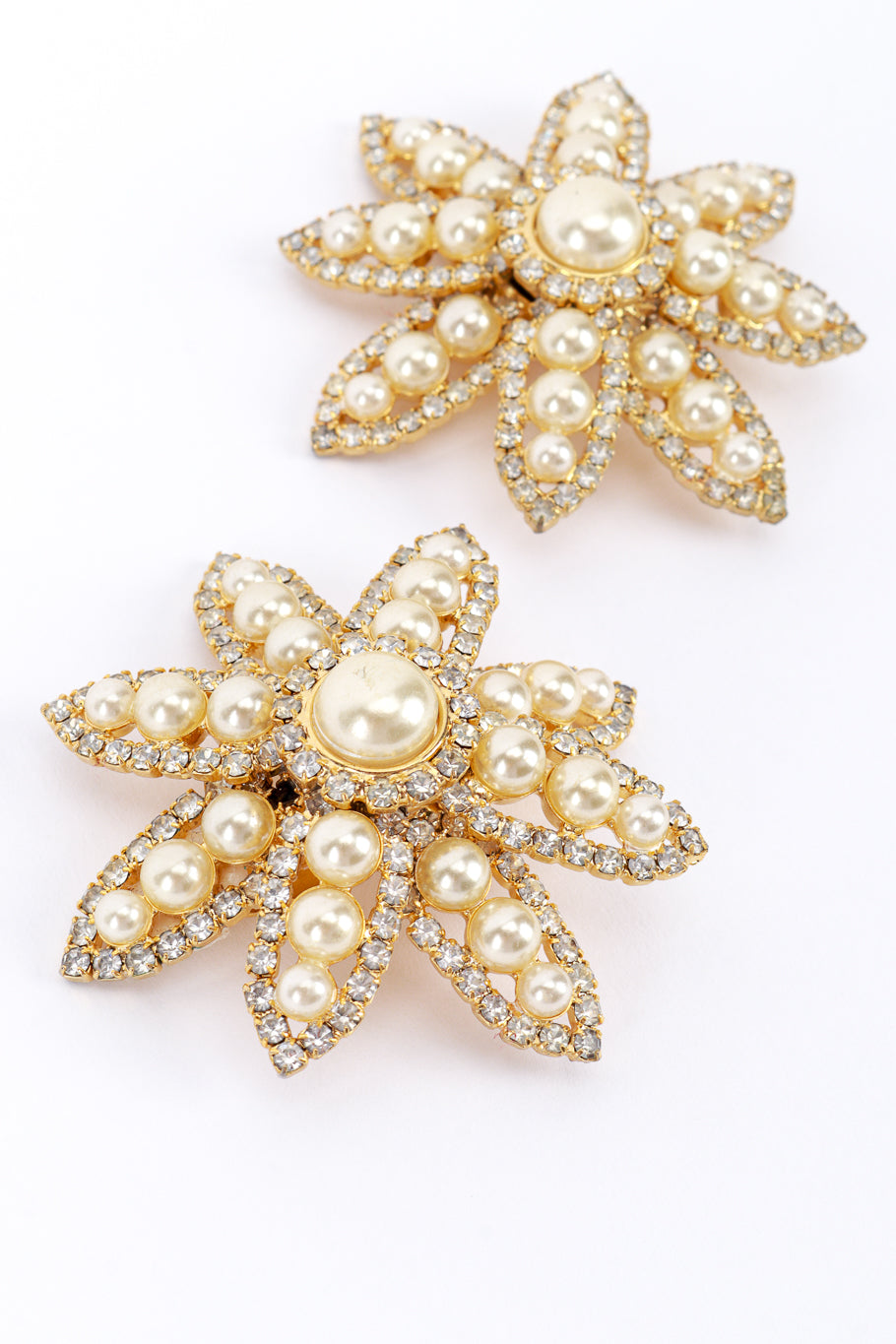 Vintage Marie Ferrá Pearl & Rhinestone Flower Earrings detail @RECESS LA