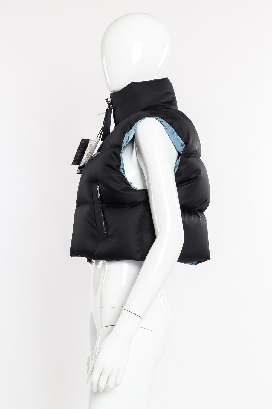 Prada Re-nylon Cropped Puffer Vest side view on mannequin @Recessla