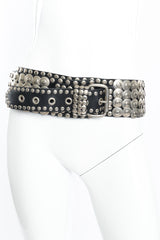 Red Balls on Fire Disc Stud Leather Belt on mannequin @Recessla