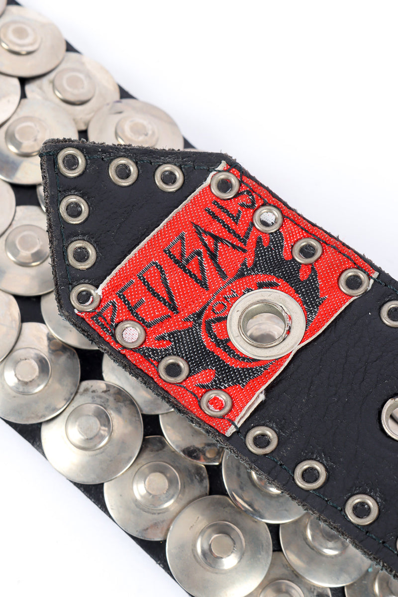 Red Balls on Fire Disc Stud Leather Belt label closeup @Recessla