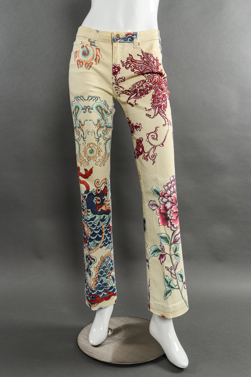 Vintage Roberto Cavalli Tattoo Graphic Denim Pants front view on mannequin @Recessla