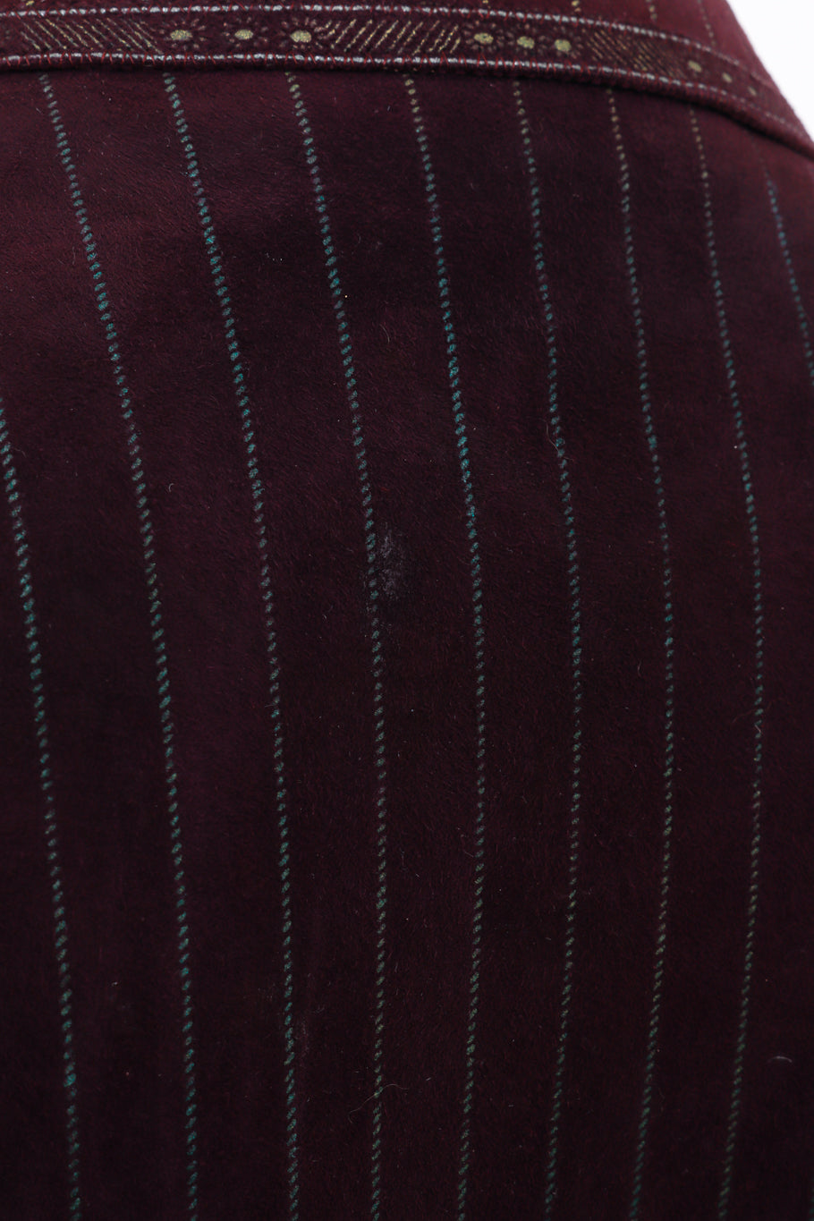 Vintage 1970s Roberto Cavalli Pinstripe Suede Blazer back stain closeup recess la