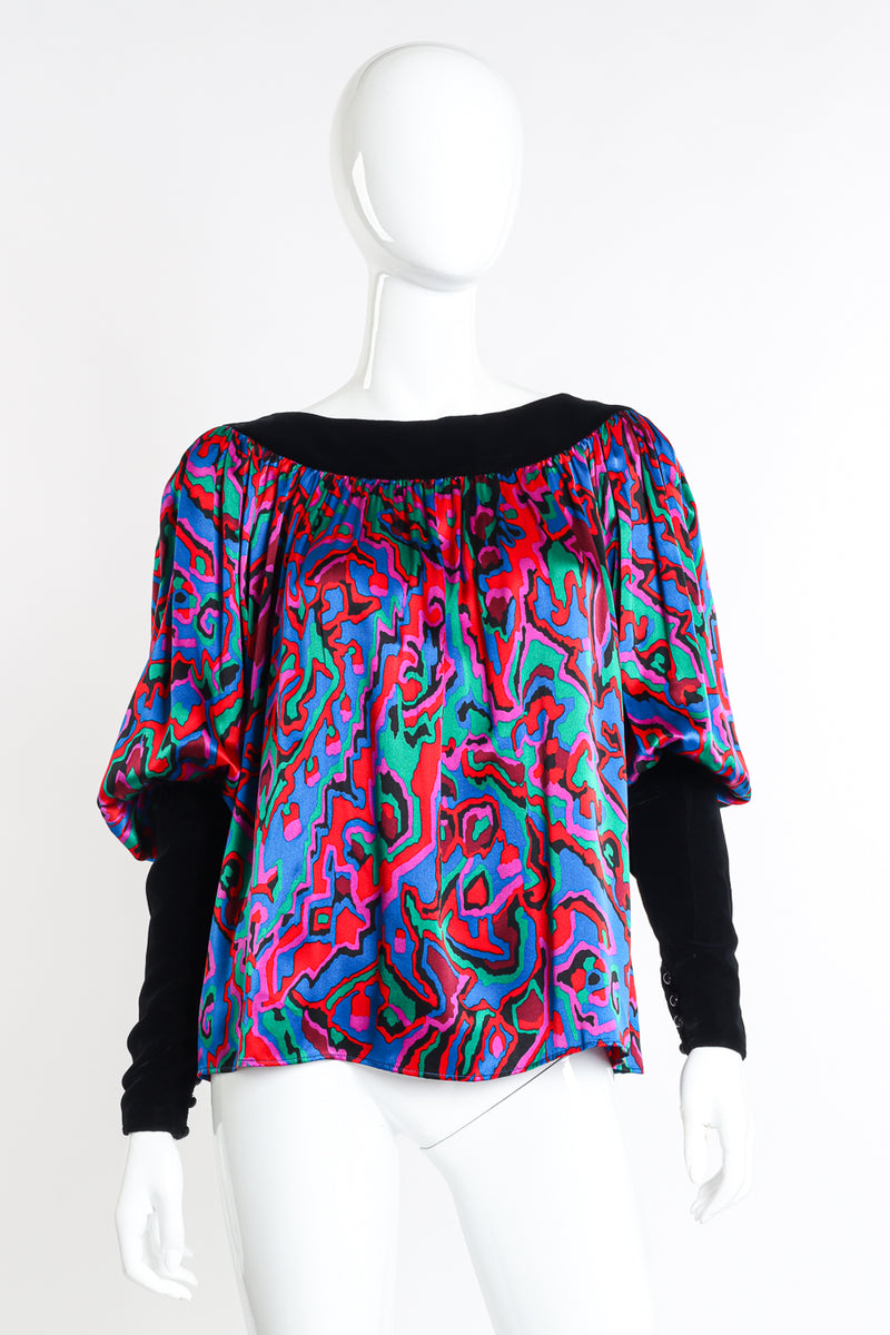 Vintage Saint Laurent Rive Gauche Abstract Print Velvet Blouse front on mannequin @recessla