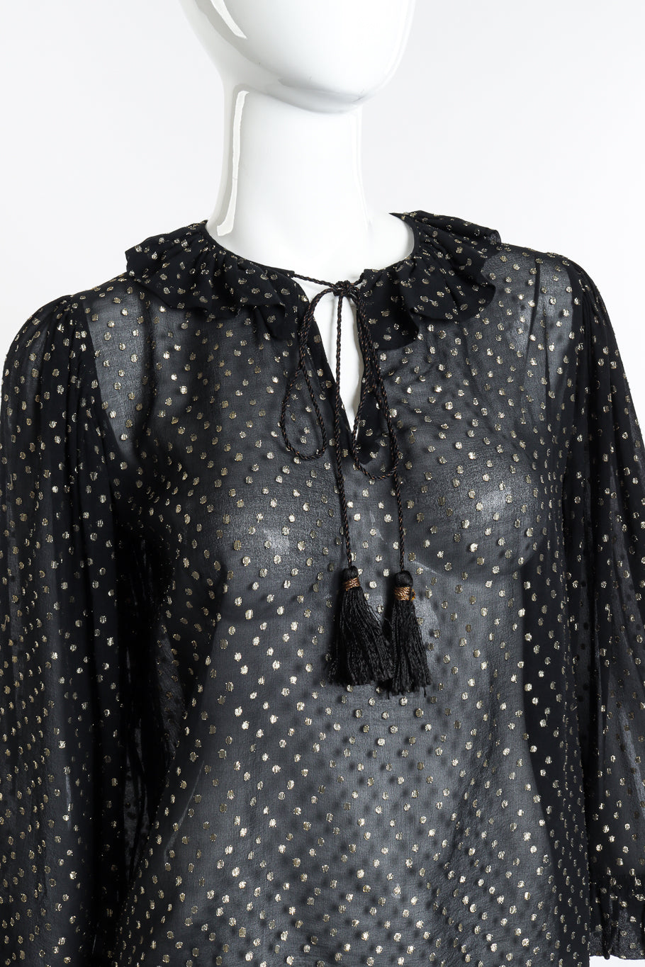 Vintage Saint Laurent Rive Gauche Polka Dot Metallic Blouse front on mannequin closeup @recess la