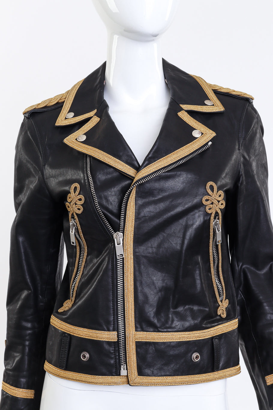 2015 S/S Soutache Trim Leather Jacket front on mannequin zipped up @recess la