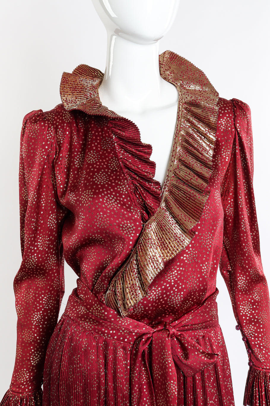 Vintage Saint Laurent Rive Gauche Metallic Ruffle Top & Skirt Set front on mannequin closeup @recessla