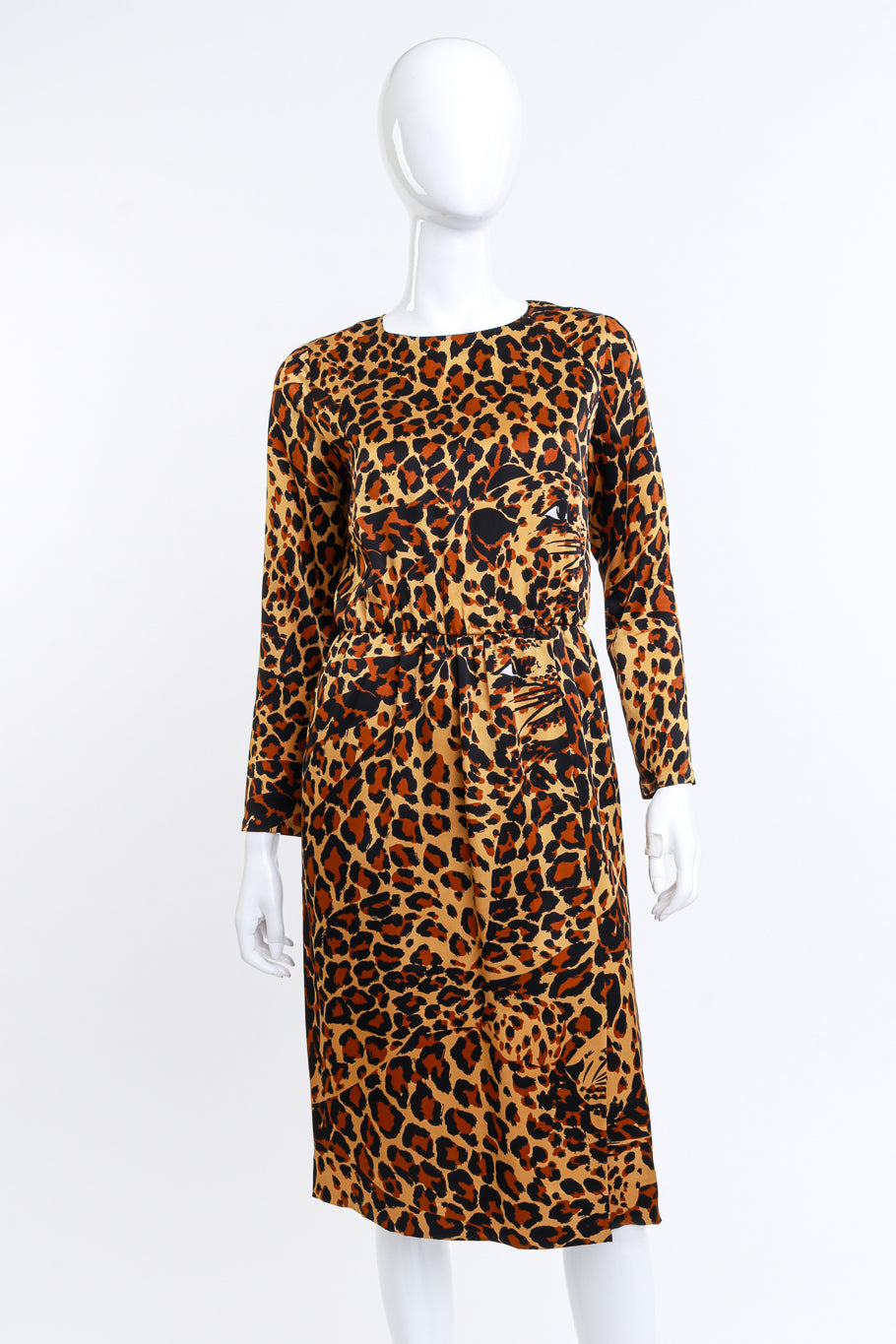 Vintage Yves Saint Laurent 1986 F/W Leopard Print Silk Dress front on mannequin @recess la