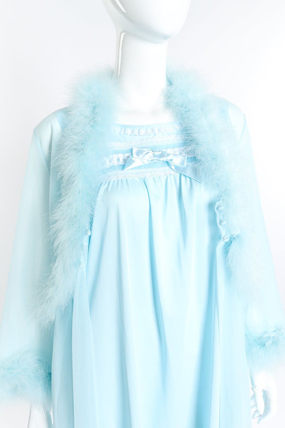 Vintage Sears Marabou Trim Robe & Chemise Set front on mannequin closeup @recess la