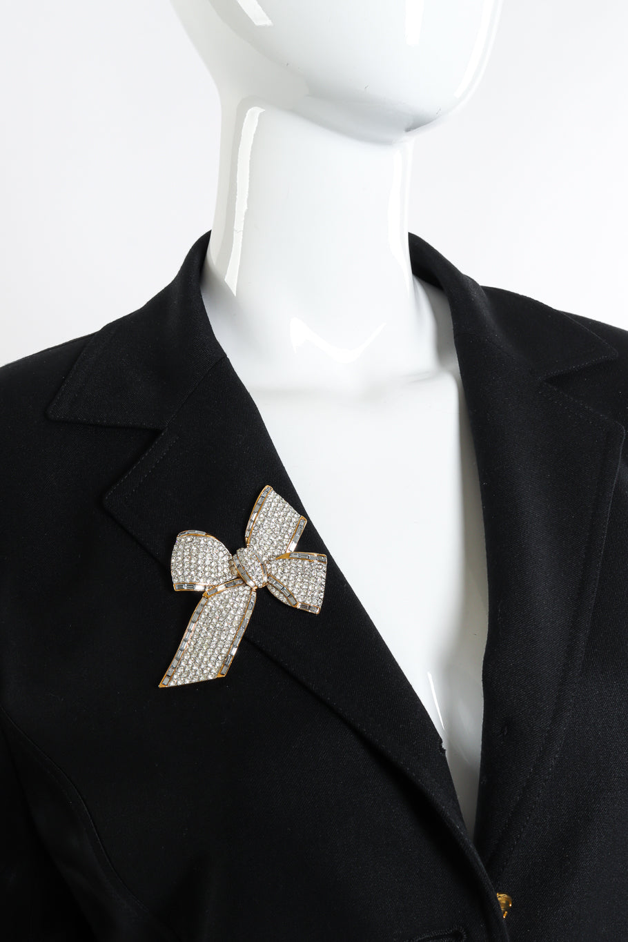 Vintage Atwood & Sawyer Rhinestone Bow Brooch on mannequin @recessla