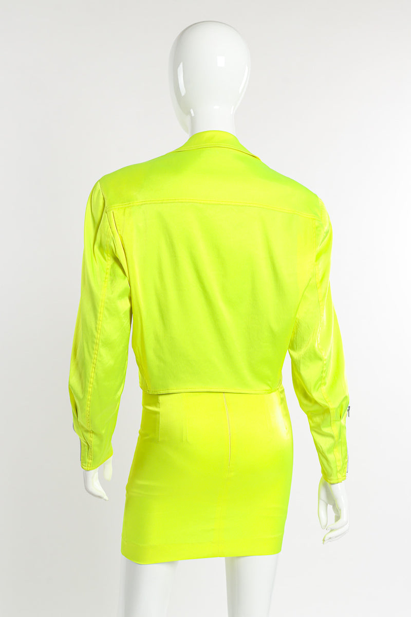 Day-Glo Moto Jacket & Skirt Set by Stephan Sprouse on mannequin close back @recessla