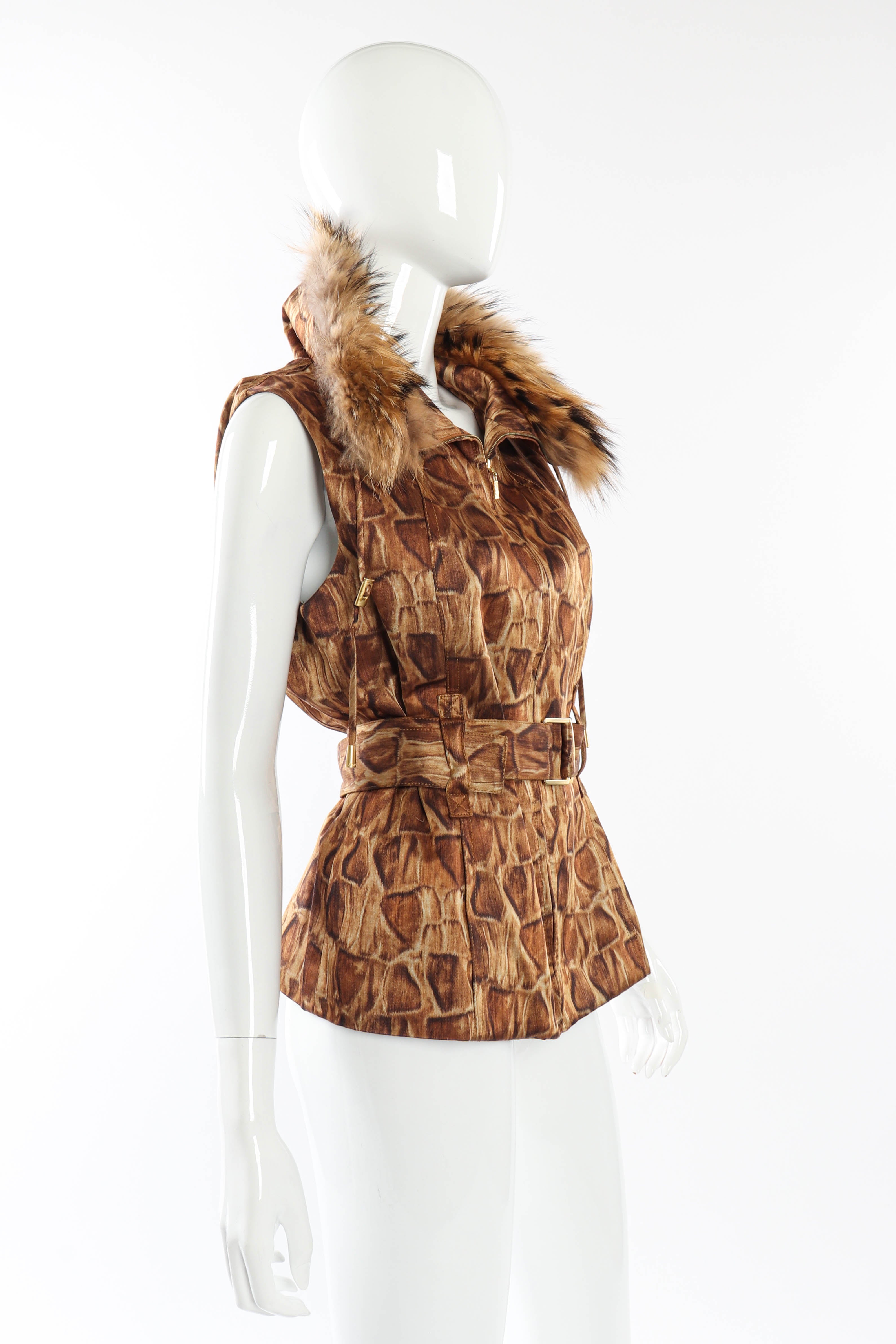 Vintage St. John Sport Giraffe Print Fur Vest side on mannequin @recessla