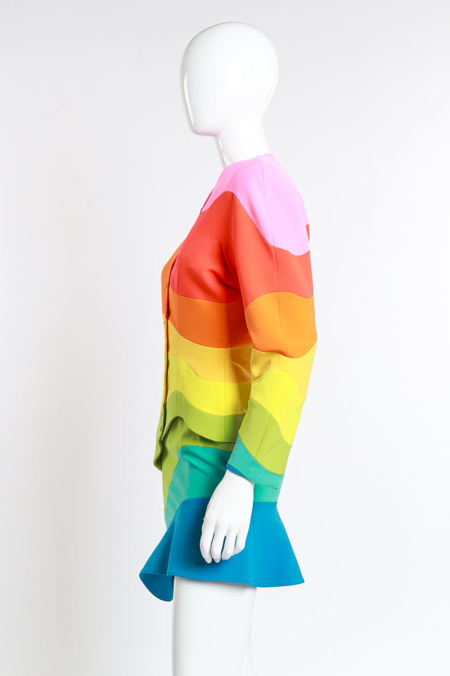 1990 S/S 'Arc En Ciel' Rainbow Jacket & Skirt Suit by Thierry Mugler on mannequin side @recessla