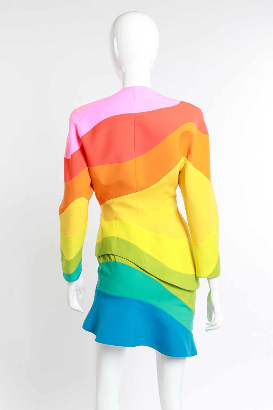 1990 S/S 'Arc En Ciel' Rainbow Jacket & Skirt Suit by Thierry Mugler on mannequin back @recessla