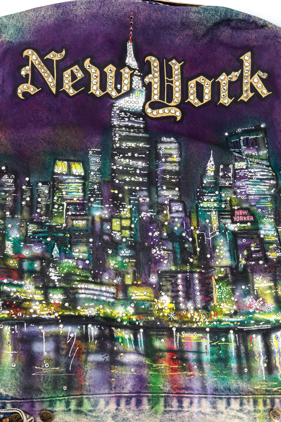 Vintage Tony Alamo The Big Apple Denim Jacket New York lettering and skyline artwork closeup @Recessla