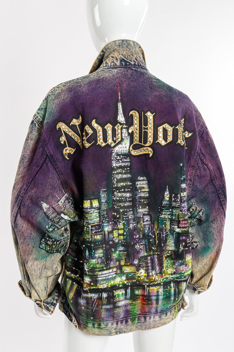 Vintage Tony Alamo The Big Apple Denim Jacket back view on mannequin @Recessla