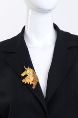 Vintage Pauline Rader Gilded Unicorn Bust Brooch on mannequin @recess la