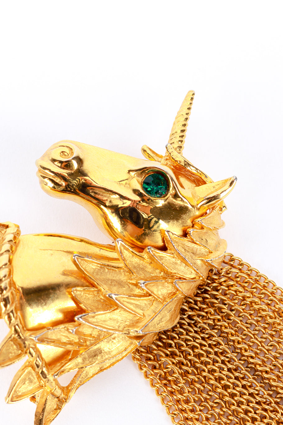 Vintage Pauline Rader Gilded Unicorn Bust Brooch face detail @recess la