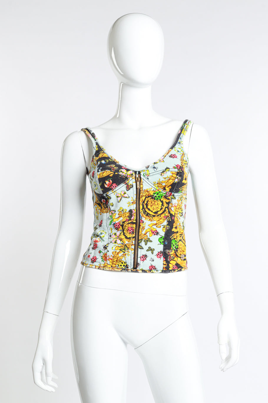 Vintage Versace Jeans Couture Baroque Ladybug Bustier Top front on mannequin @recess la