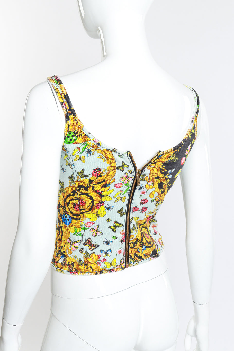 Vintage Versace Jeans Couture Baroque Ladybug Bustier Top back on mannequin closeup @recess la