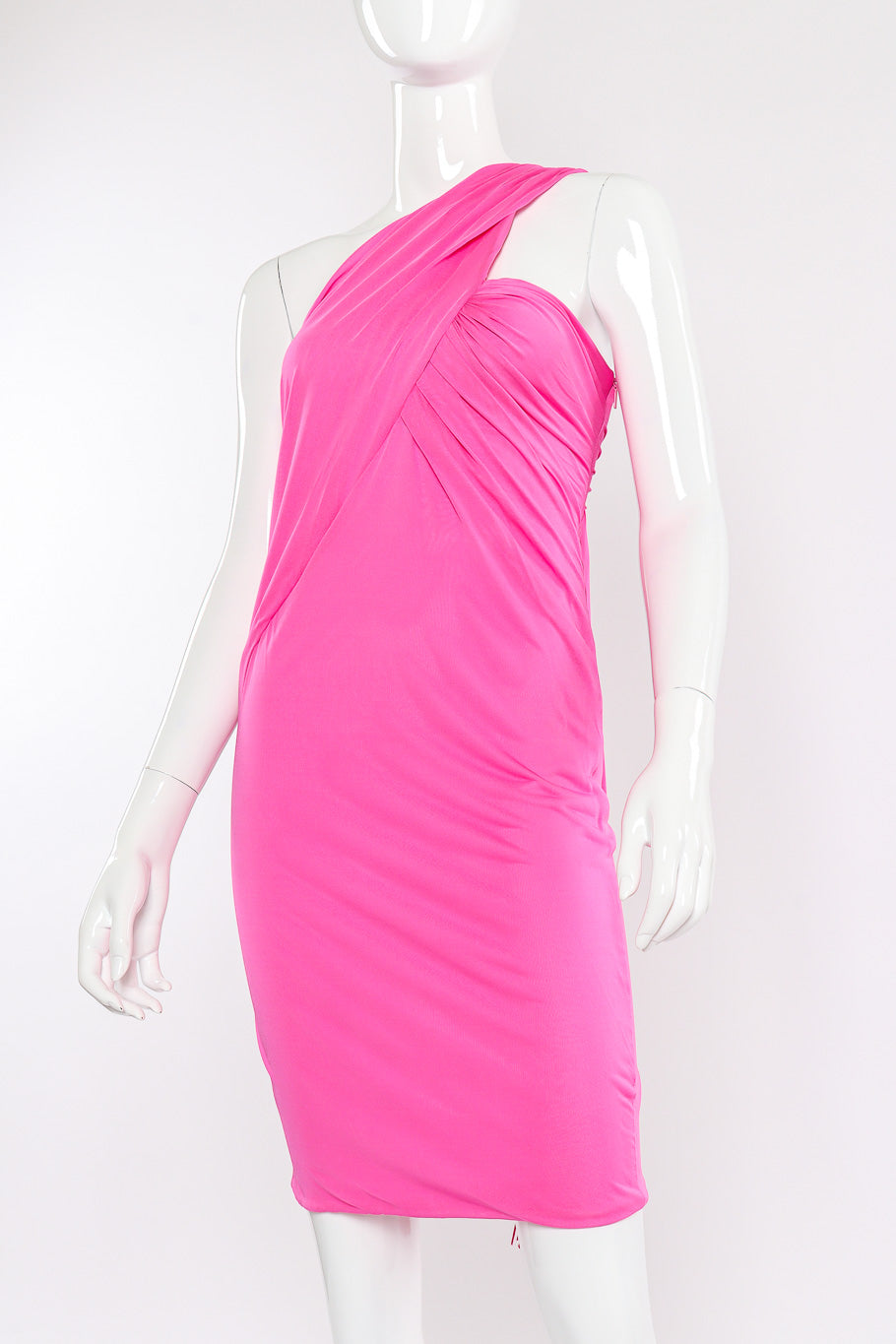 Versace Ruche One-Shoulder Dress front view closeup on mannequin @Recessla