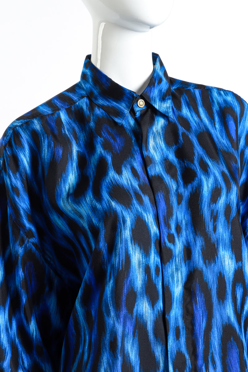 Vintage Versace Classic V2 Animal Print Blouse front on mannequin collar closeup @recess la