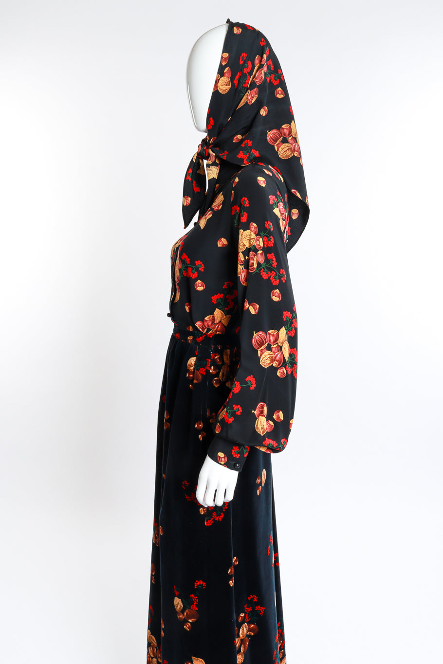 Vintage Valentino Chestnut Silk Shirt with Scarf & Velvet Skirt Twin Set left side view as worn on mannequin @Recess LA