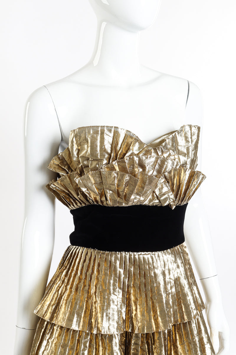 Vintage Victor Costa Ruffle Tier Strapless Dress front on mannequin closeup @recessla