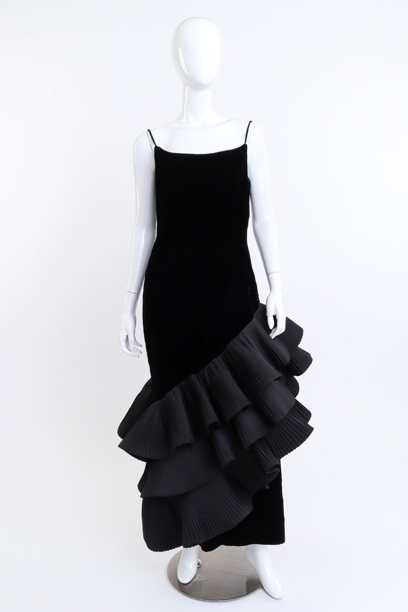 Vintage Victor Costa Asymmetric Ruffle Velvet Dress front on mannenquin @recess la