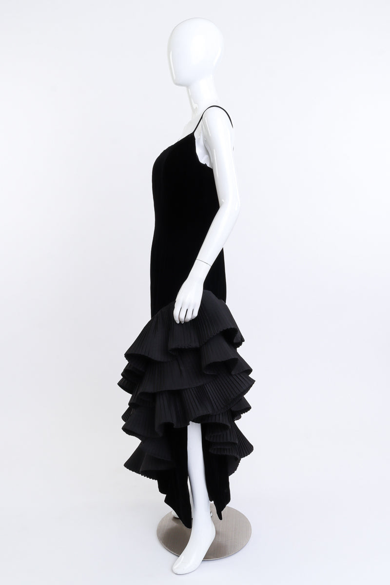 Vintage Victor Costa Asymmetric Ruffle Velvet Dress side on mannequin @recess la