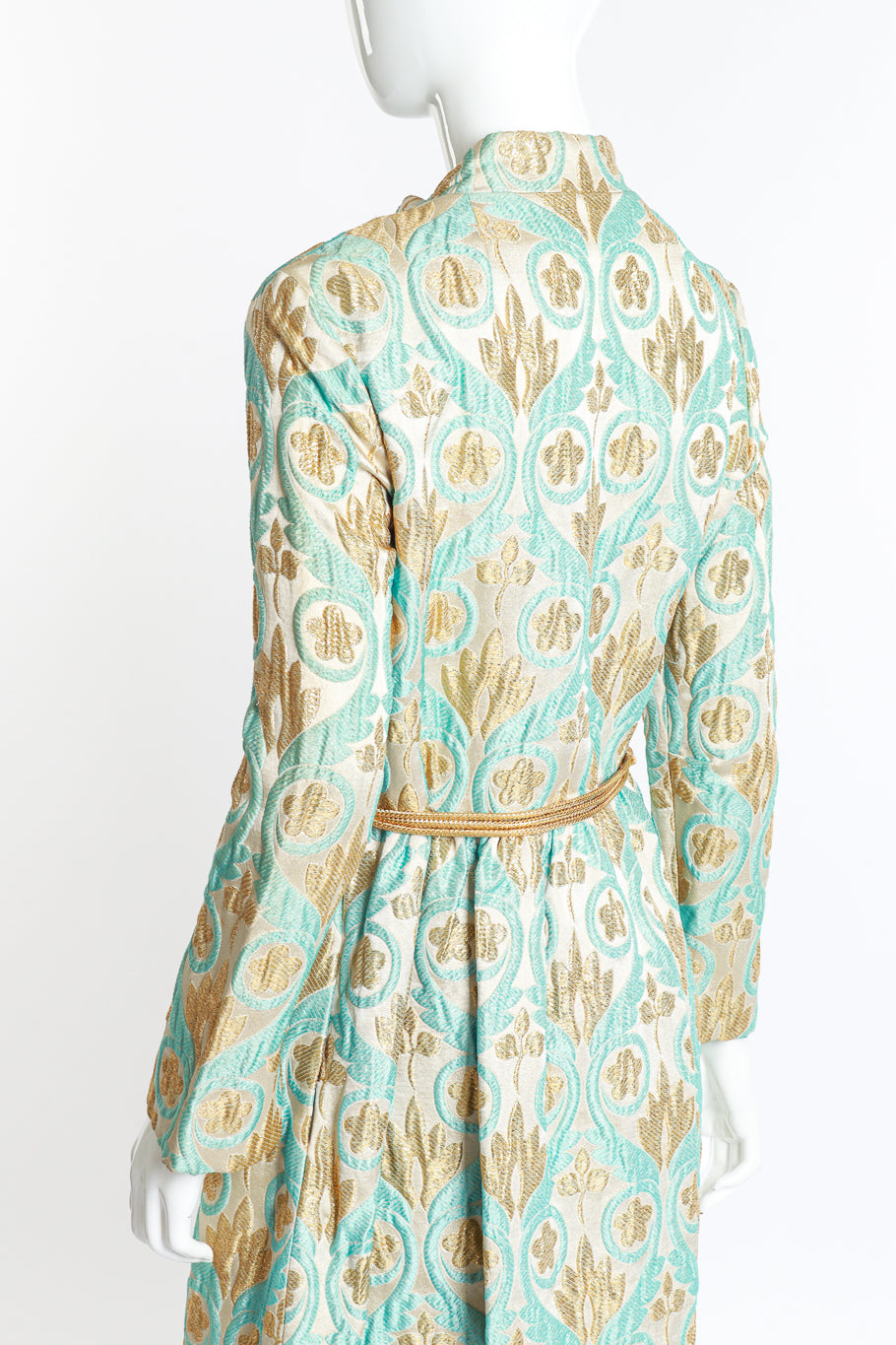 Vintage Victor Costa gold lurex floral embroidered evening coat rear view as worn on mannequin @RECESS LA