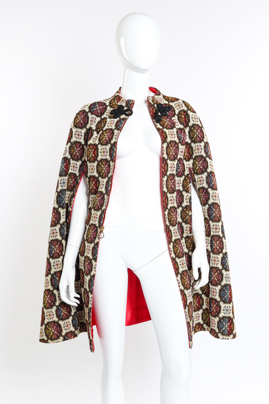 Vintage Geometric Tapestry Cape front open on mannequin @recess la