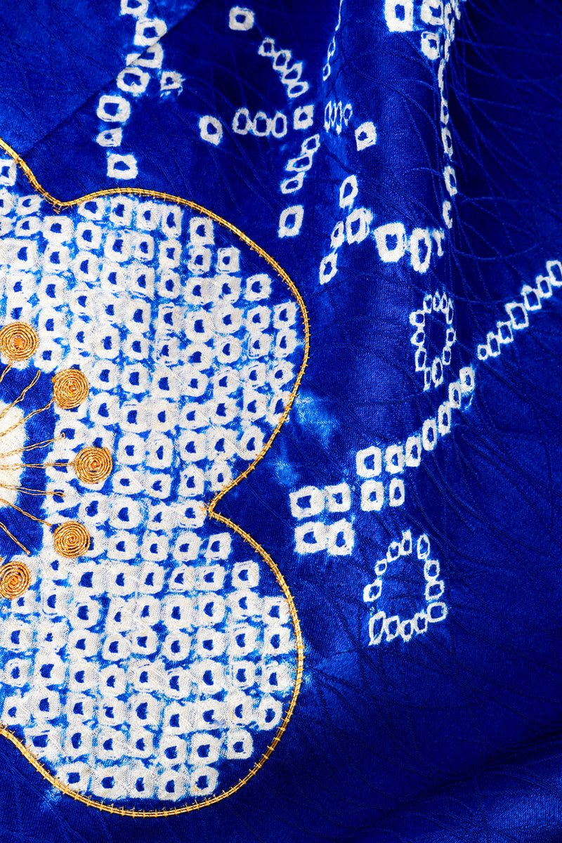 Vintage Japanese royal blue dotted detail floral kimono view of floral dotted and embroidered detail @RECESS LA