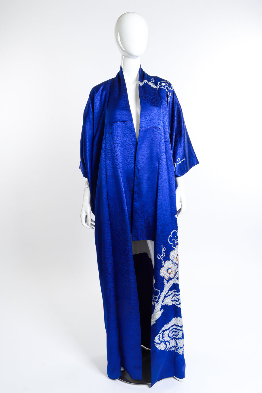 Vintage Japanese royal blue dotted detail floral kimono front view as worn on mannequin @RECESS LA