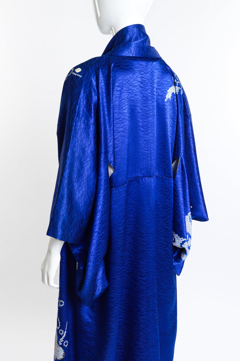 Vintage Japanese royal blue dotted detail floral kimono rear view as worn on mannequin @RECESS LA