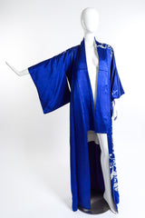 Vintage Japanese royal blue dotted detail floral kimono front view demonstrating sleeve drop as worn on mannequin @RECESS LA