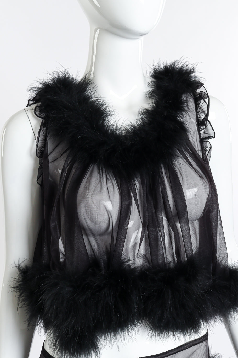 Vintage Virginia Wallace Marabou Trim Top & Short Set front closeup on mannequin @recess la