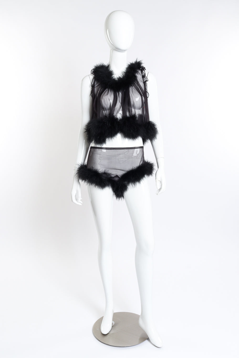 Vintage Virginia Wallace Marabou Trim Top & Short Set front on mannequin @recess la