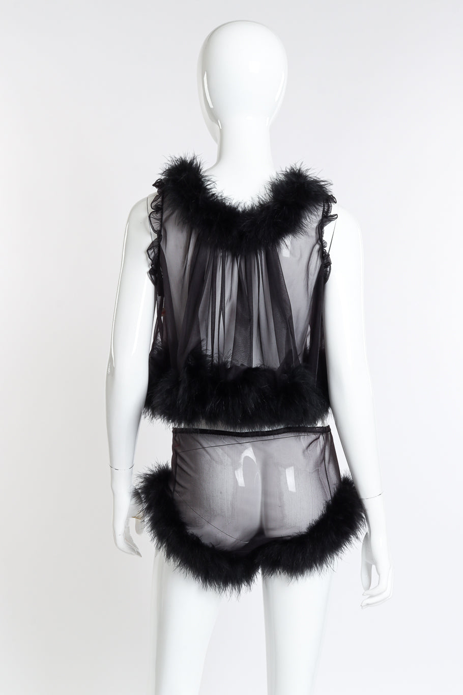 Vintage Virginia Wallace Marabou Trim Top & Short Set back closeup on mannequin @recess la