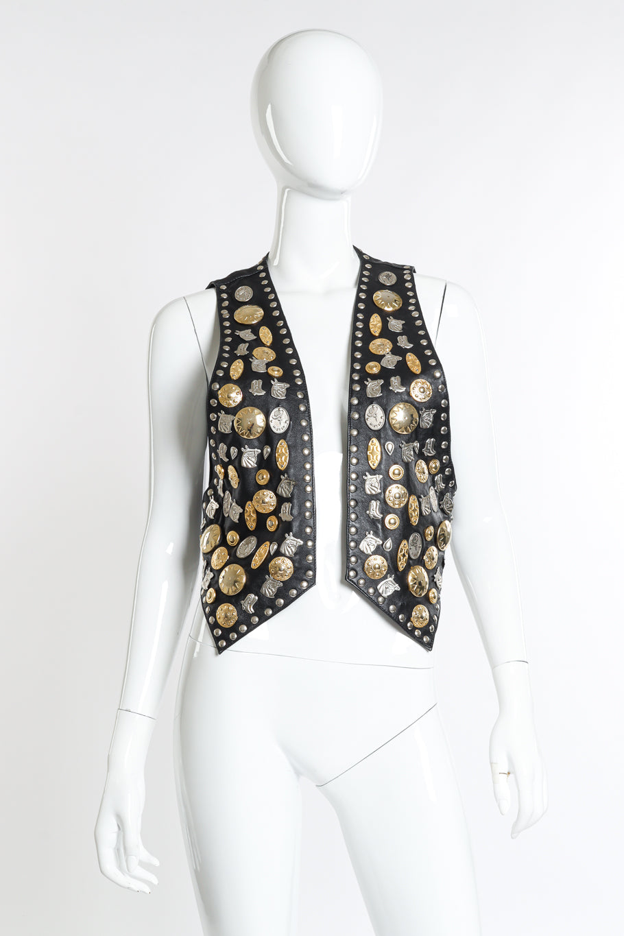 Vintage Western Fashion of California Western Motif Studded Leather Vest front on mannequin @recess la